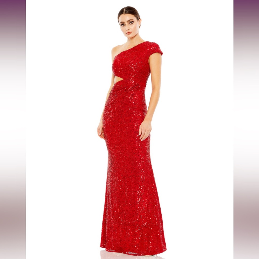 NWT Ieena for Mac Duggal Red Cutout Waist One Shoulder Sequined Gown Dress